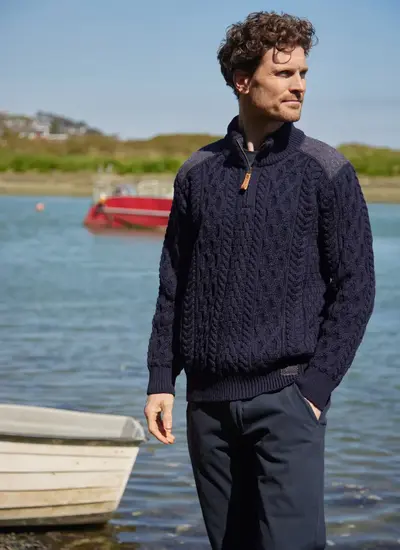 Tweed Patch Half Zip Merino Wool Sweater in Navy 